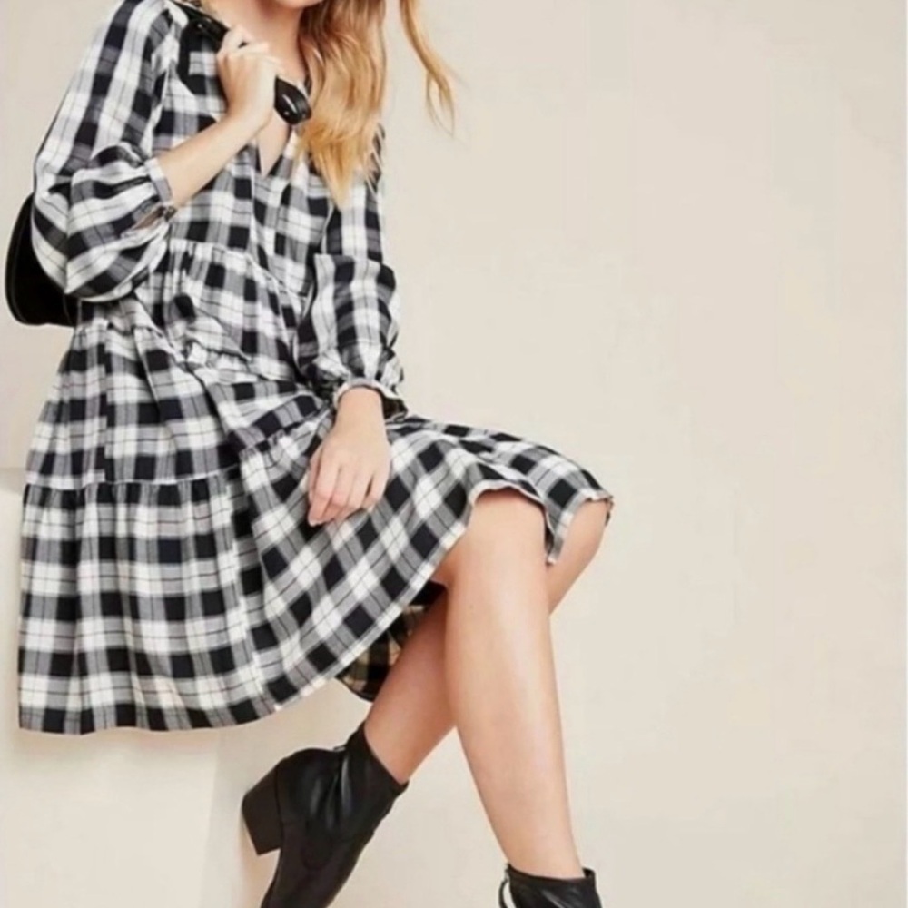 Anthropologie Maeve Amber Black Plaid Gingham Tiered Long Sleeve Dress Size S